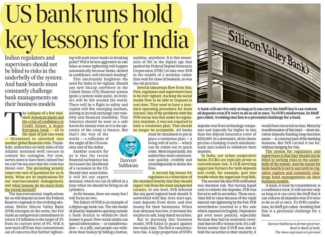 US bank runs hold key lessons for India 

Source: Hindustan Times

GS Paper 3
Syllabus: Indian economy and related issues

#UPSC #SVBBank #BankingCrisis 
#RBI #currentaffairs
