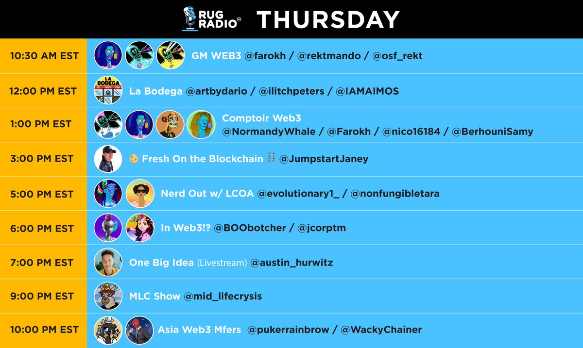 RugRadio's tweet image. 📣 THURSDAY SCHEDULE 📣

@farokh @osf_rekt @rektmando
@artbydario @ilitchpeters @IAMAIMOS
@NormandyWhale @farokh @nico16184 @BerhouniSamy
@JumpstartJaney
@evolutionary1_ @nonfungibletara
@BOObotcher @jcorptm
@austin_hurwitz
@mid_lifecrysis
@pukerrainbrow @WackyChainer