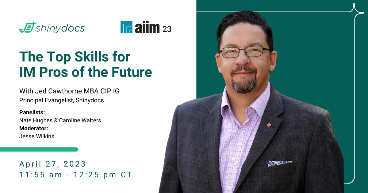 Shinydocs's tweet image. The IG 👑 is back at it again! Jed Cawthorne will be at #AIIM23 for a panel discussion called The Top Skills for IM Pros of the Future on April 27, from 11:55 AM - 12:25 PM CT.

Register for the event here: bit.ly/3KBqYLR

#AIIM #AI #IM #InformationGovernance
