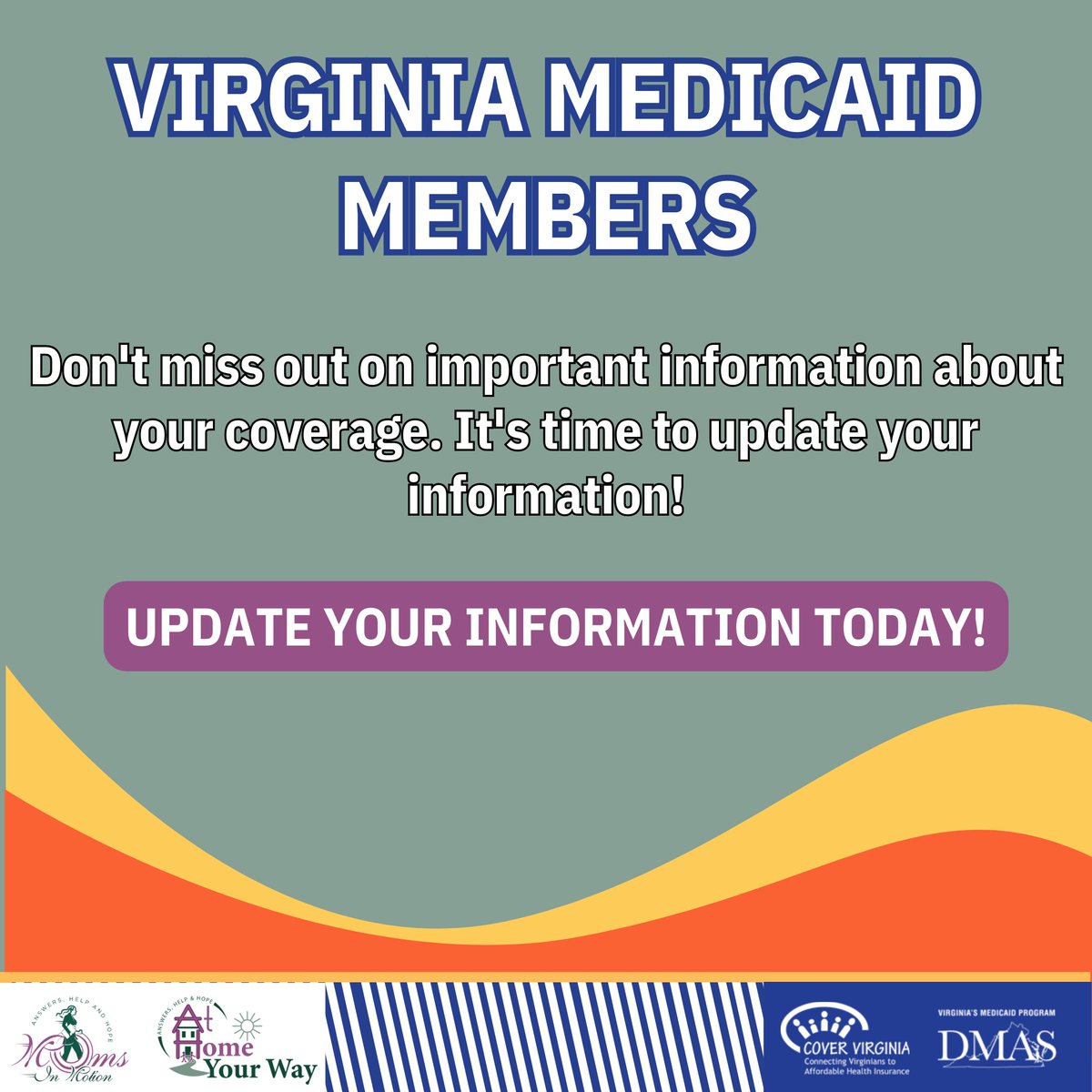 AtHomeYourWay's tweet photo. Don't miss out on important health coverage information from Virginia Medicaid!
It's time for Medicaid members to update their contact information. Take action
today!

Call 1-855-242-8282 (TDD: 1-888-221-1590)
#medicaidrenewal #Medicaid #MedicaidMatters #virginia #momsinmotion https://t.co/sm3v21Ree0