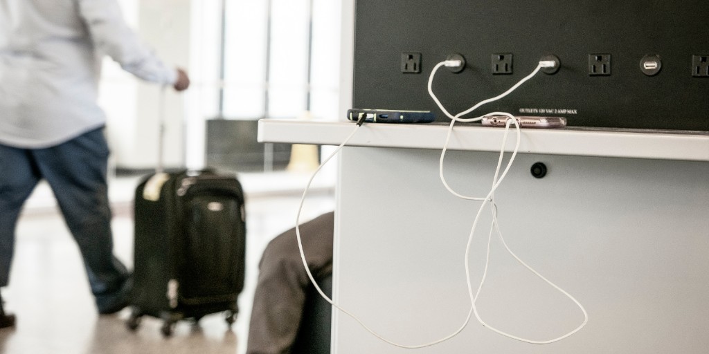 Avoid using free charging stations in airports, hotels or shopping centers. Bad actors have figured out ways to use public USB ports to introduce malware and monitoring software onto devices. Carry your own charger and USB cord and use an electrical outlet instead.