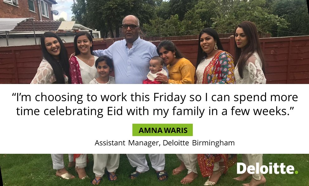 DeloitteUK's tweet photo. ποΈ Did you know our people can choose to take public holiday leave on dates that are most meaningful to them?
#DeloitteWorks for Amna in our #DeloitteMids team who is choosing to work today and take a day over Eid.
Read more π https://t.co/DHJe7LiHGn https://t.co/9TSgRYTWXQ