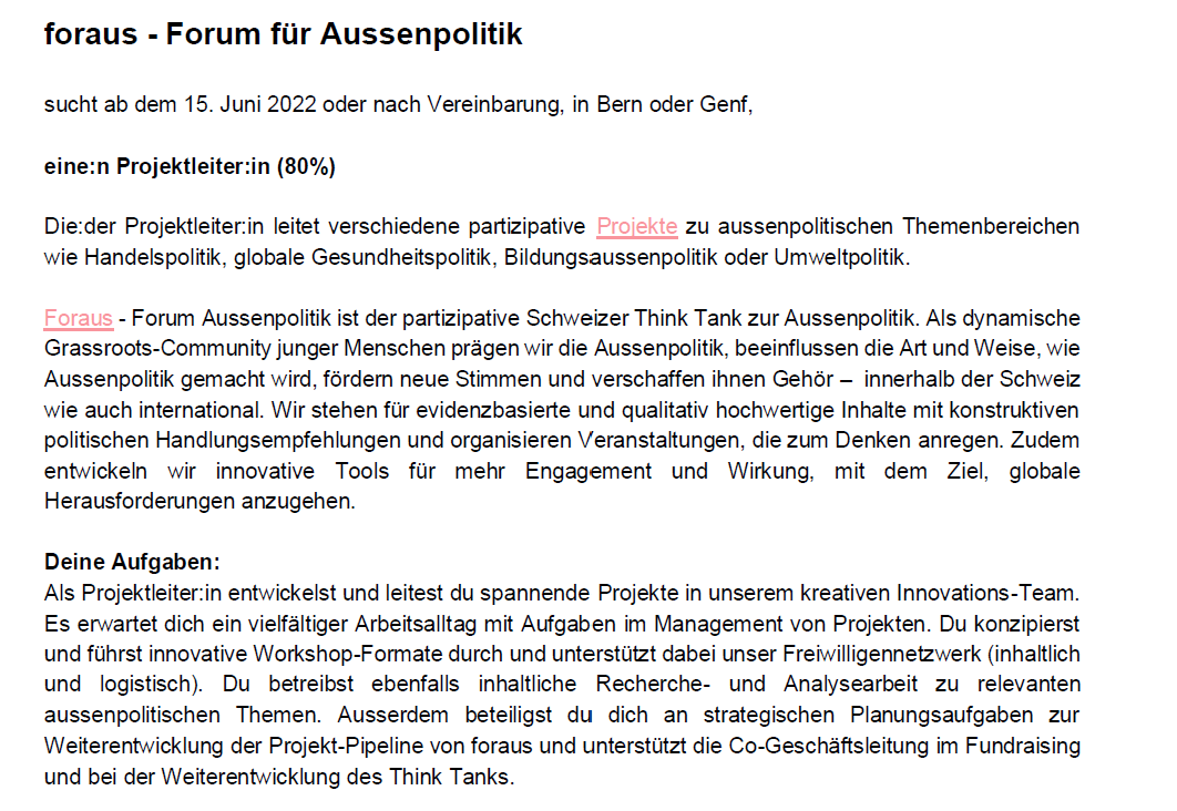 🔥foraus sucht eine:n Projektleiter:in (80%) in Bern oder Genf! Hast du solide Erfahrung in der Leitung von komplexen Projekten und Veranstaltungen und bereitet dir konzeptionelle Arbeit Freude? Dann bewirb dich bis zum 16. April 2023 👉bit.ly/3Kfscek