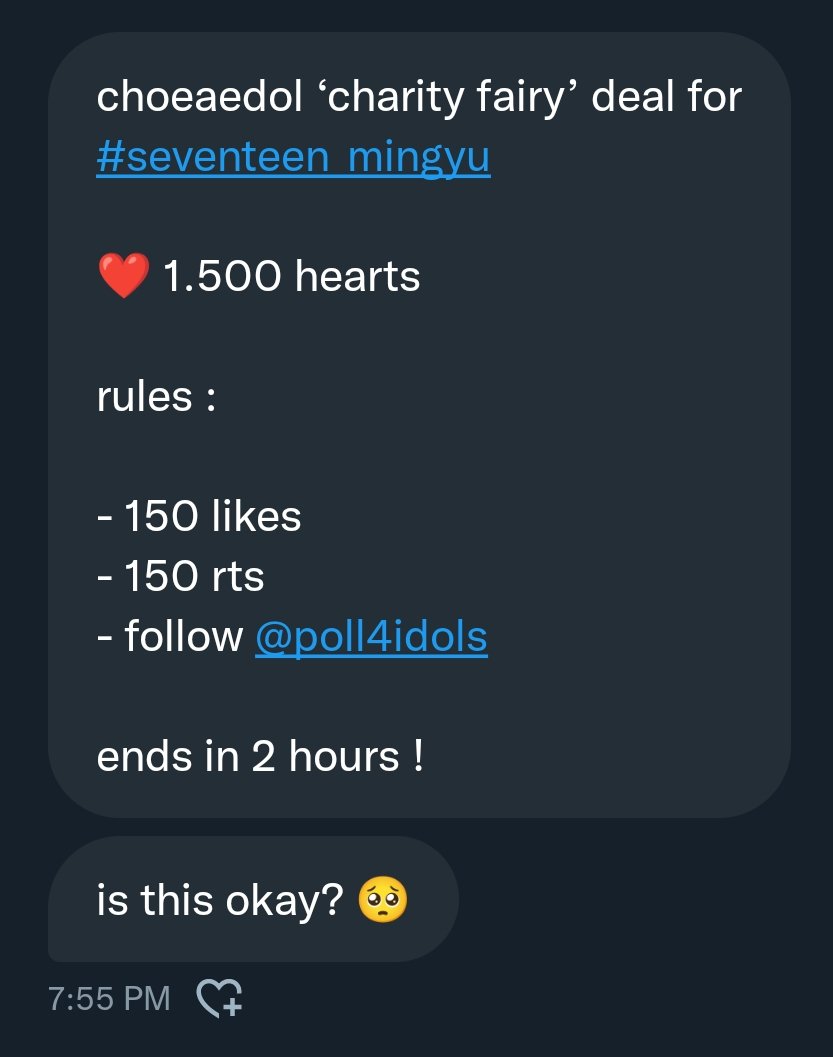 froggyhaoshi's tweet photo. choeaedol 'charity fairy' deal for #seventeen_mingyu 

❤️ 1.500 hearts

rules :

- 150 likes
- 150 rts
- follow @poll4idols 

ends in 2 hours ⚡

#TakeOverCARATS #CaratMatch https://t.co/QwBqIZIl8a