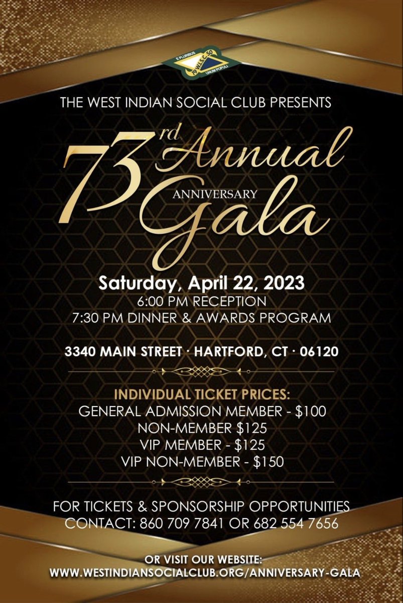 You are invited to our 73rd Annual Gala on April 22,2023. Get your tickets now

Tickets are still available for purchase at:

buytickets.at/westindiansoci…

#eventsinhartford #westinadians #honorees #73rdAnniversaryGala #westindiansocialclubofhartford