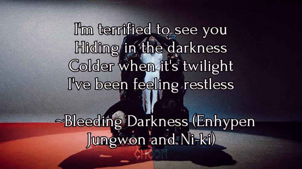 lyricalenha's tweet photo. Bleeding Darkness (by Enhypen Jungwon & Ni-ki)
Link: https://t.co/4xYlDc9HEz
#ENHYPEN #ENHYPEN_NI_KI #ENHYPEN_JUNGWON #BleedingDarkness https://t.co/R0ln30El7g