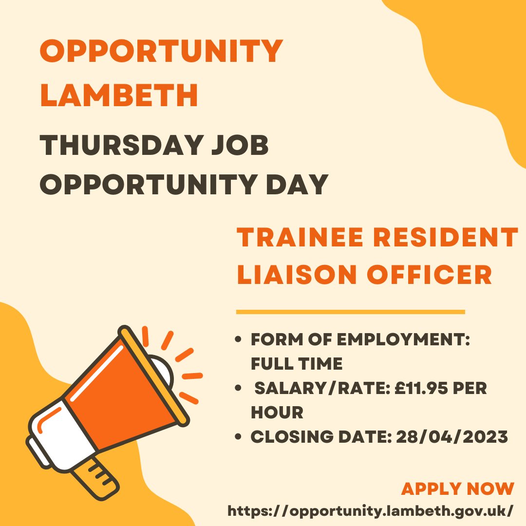 belambeth's tweet photo. Looking for a job as a Trainee Resident Liaison Officer? 

Apply Here: https://t.co/QU6SBpN2hB

Closing Date: 28/04/23 

Follow, like and share @opplambeth for all things job related and new opportunities in Lambeth! https://t.co/ZuHVhUTzDm