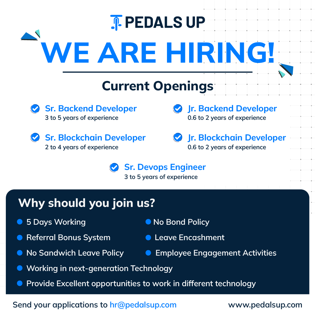 _pedalsup's tweet image. We are #hiring 📣
If you fit these roles, we want you. Join us and get ready to take your career to the next level. Send your resumes to hr@pedalsup.com. Feel free to DM us for any queries. 🚀 

#HIRINGNOW #HiringAlert #blockchain #webdeveloper #devops #frontend