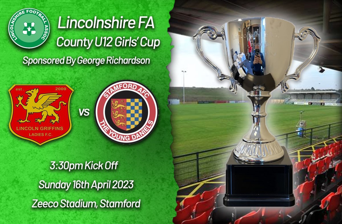 🎟️ TICKETS are still available for the Lincolnshire FA County Under 12 Girls’ Cup Final - Sponsored By George Richardson! 🏆

<a href="/LadiesLincoln/">Lincoln Griffins Ladies FC</a> 🆚 <a href="/StamfordAFC1896/">Stamford AFC</a>

🎫  Ticket only event
📩  Tickets will be emailed

Adults: £5
Concessions (65+ / U18): £3

➡️ lincolnshirefa.eventcube.io