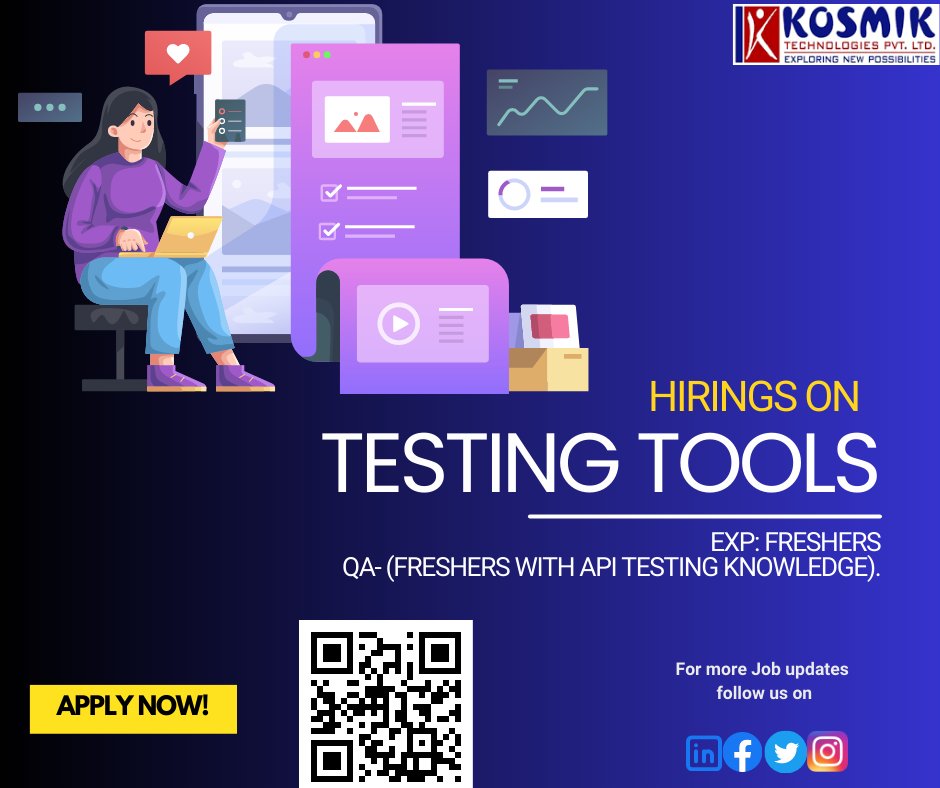 Hirings on Testing tools
#itjobsearch #ManualTestingOpenings #ManualTesting #ManualTestingjobs #software #qaautomation #qatesting #qajobs #qaanalyst #testingtools
#softwarejobs #walkins #ManualTestingtraininginhyderabad #HyderabadITJobs #jobs #jobs2022 #kosmik #Selenium