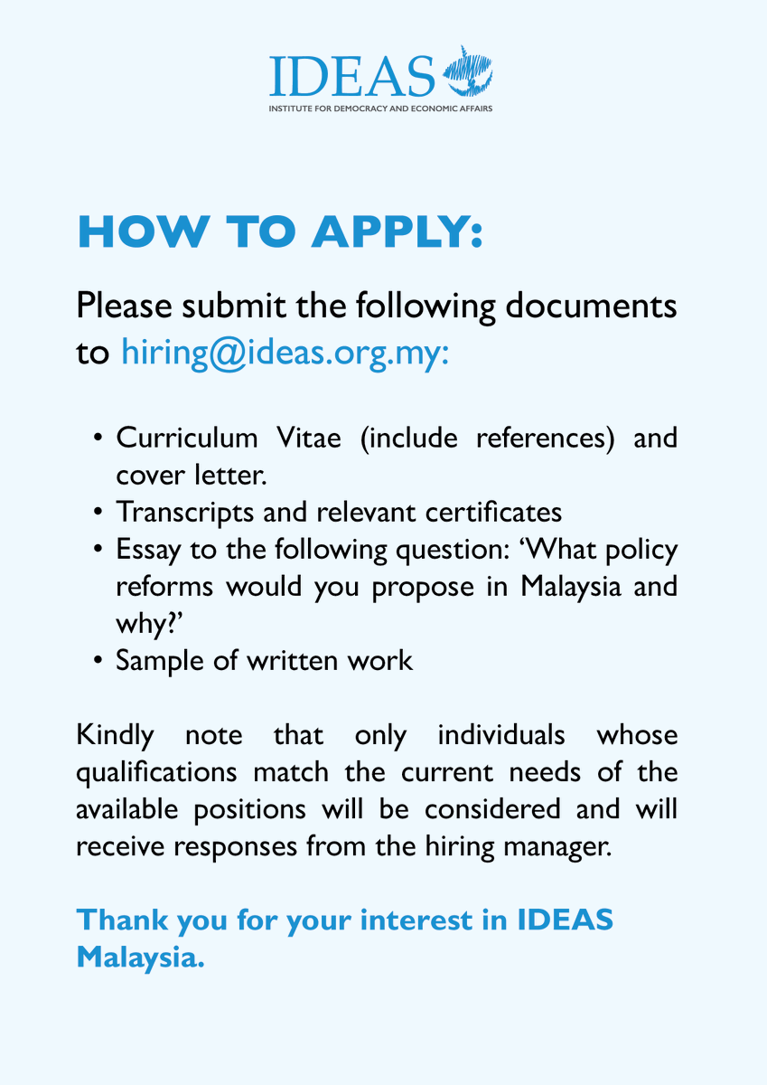 IDEASMalaysia's tweet photo. We are hiring! Join us to promote solutions to public policy challenges to build a better #Malaysia for all.

1. Assistant Manager, Social Policy Unit 
2. Senior Executive, Democracy &amp; Governance Unit

Closing date: 30 April 2023
Full information, visit https://t.co/My5NV5WnlK https://t.co/Uwr7InoNEa