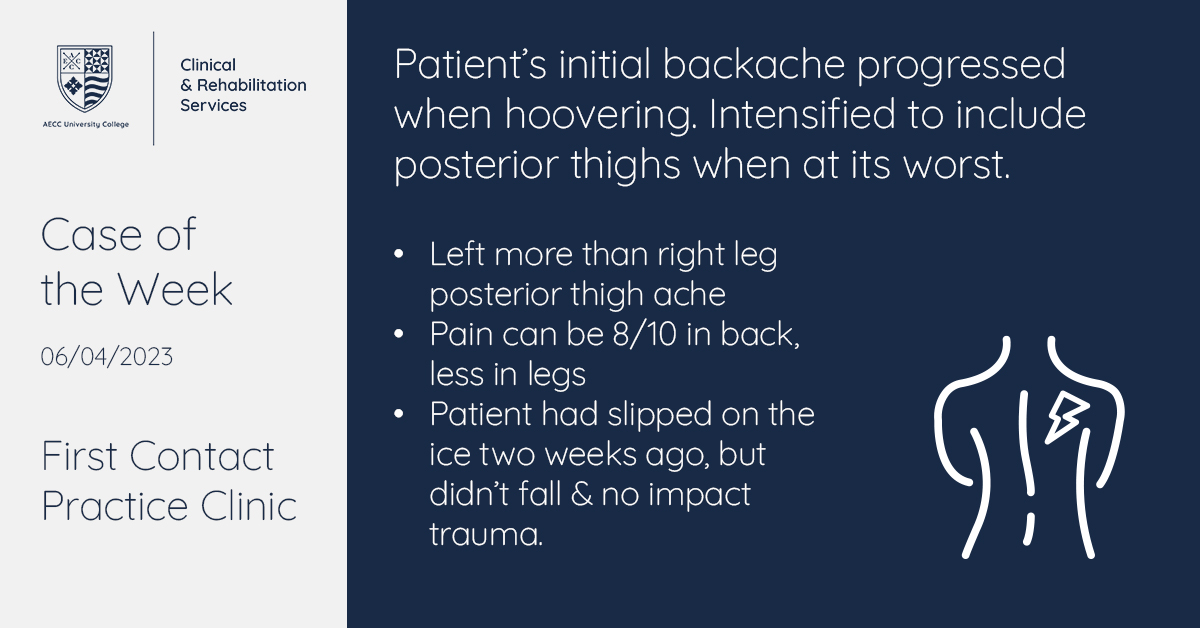 ClinicsHSU's tweet photo. #ClinicalInsight

💼Case of the Week #4 🧵
Clinical &amp; #Rehab Services at AECC UC ⚕️
📖Full case: https://t.co/zLpPl25SaG

40 y/o lady presented with #backpain &amp; previous intermittent posterior thigh symptoms.

Assessed: #FirstContactPractice Clinic

🧵1/6 https://t.co/0k73crZefC