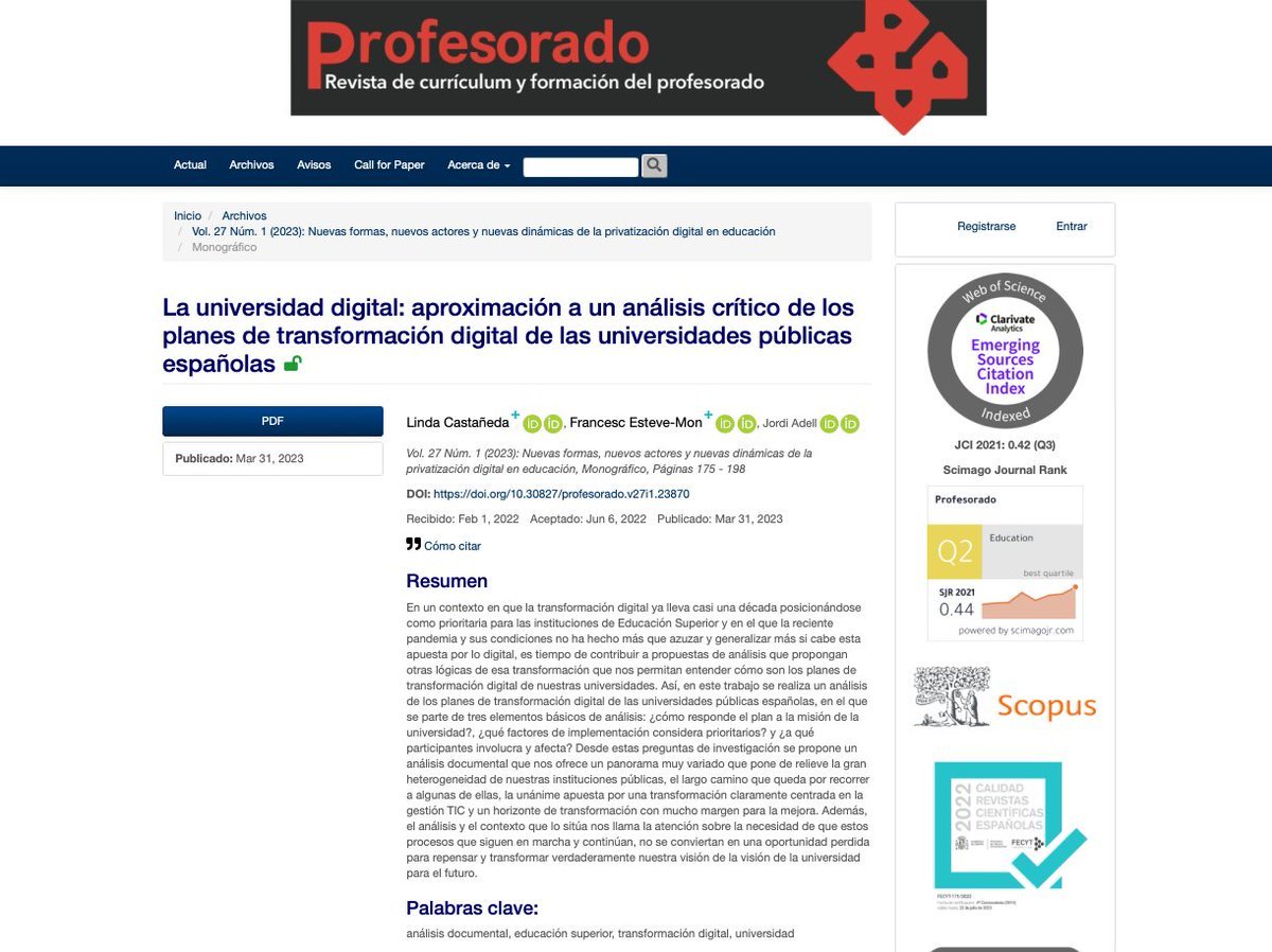 jordi_a's tweet photo. Castañeda, L., Esteve, F. &amp; Adell, J. (2023). La universidad digital: aproximación a un análisis crítico de los planes de transformación digital de las universidades públicas españolas". Profesorado, 27, 175-198 https://t.co/0svaJ5xKlA  @lindacq, @francescesteve y @jordi_a https://t.co/O69XYLJcl7