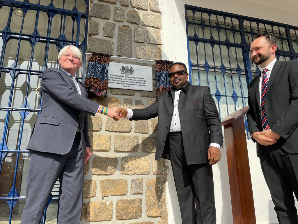 AndrewmitchMP's tweet photo. The UK-Cameroon relationship continues to go from strength to strength. It was my honour to be joined by His Excellency, Felix Mbayu to reopen the British High Commission in #Yaoundé. A symbol of the reenergised and reinvigorated partnership between our two countries 🇬🇧🇨🇲 https://t.co/dWWkQ8SPZF