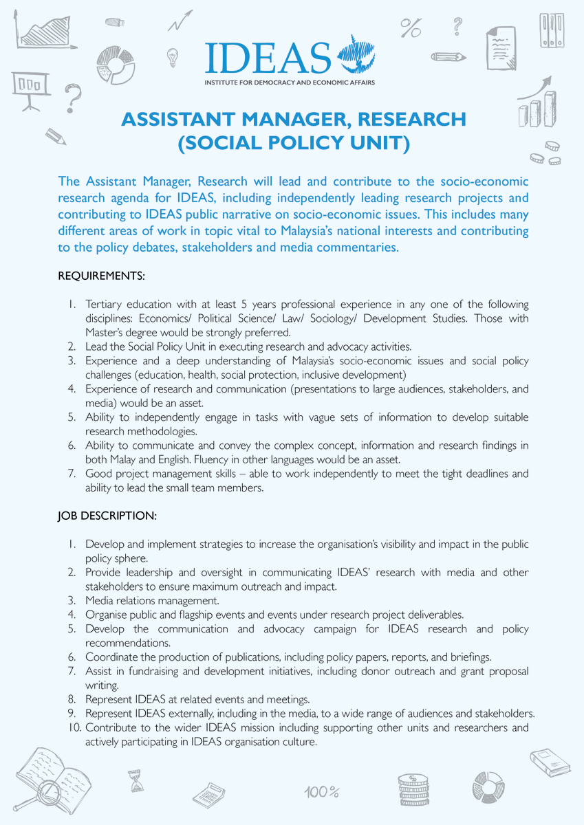 IDEASMalaysia's tweet photo. We are hiring! Join us to promote solutions to public policy challenges to build a better #Malaysia for all.

1. Assistant Manager, Social Policy Unit 
2. Senior Executive, Democracy &amp; Governance Unit

Closing date: 30 April 2023
Full information, visit https://t.co/My5NV5WnlK https://t.co/Uwr7InoNEa
