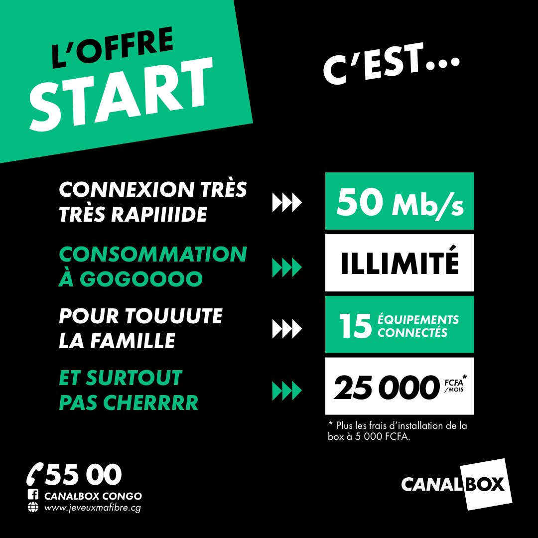 canalboxcongo's tweet photo. FIBREZ avec Canalbox #START c’est :
✅une connexion très rapide ;
✅une consommation illimitée pour toute la famille & tous vos usages ;
✅Et ce n’est pas cher !
☎️ Plus d'infos au 5️⃣5️⃣0️⃣0️⃣ ou au 0️⃣6️⃣7️⃣0️⃣4️⃣ 5️⃣5️⃣5️⃣5️⃣
#OffrePremium #Prenezlemondedevitesse https://t.co/HDscSnpzju https://t.co/gJzXupYLCt