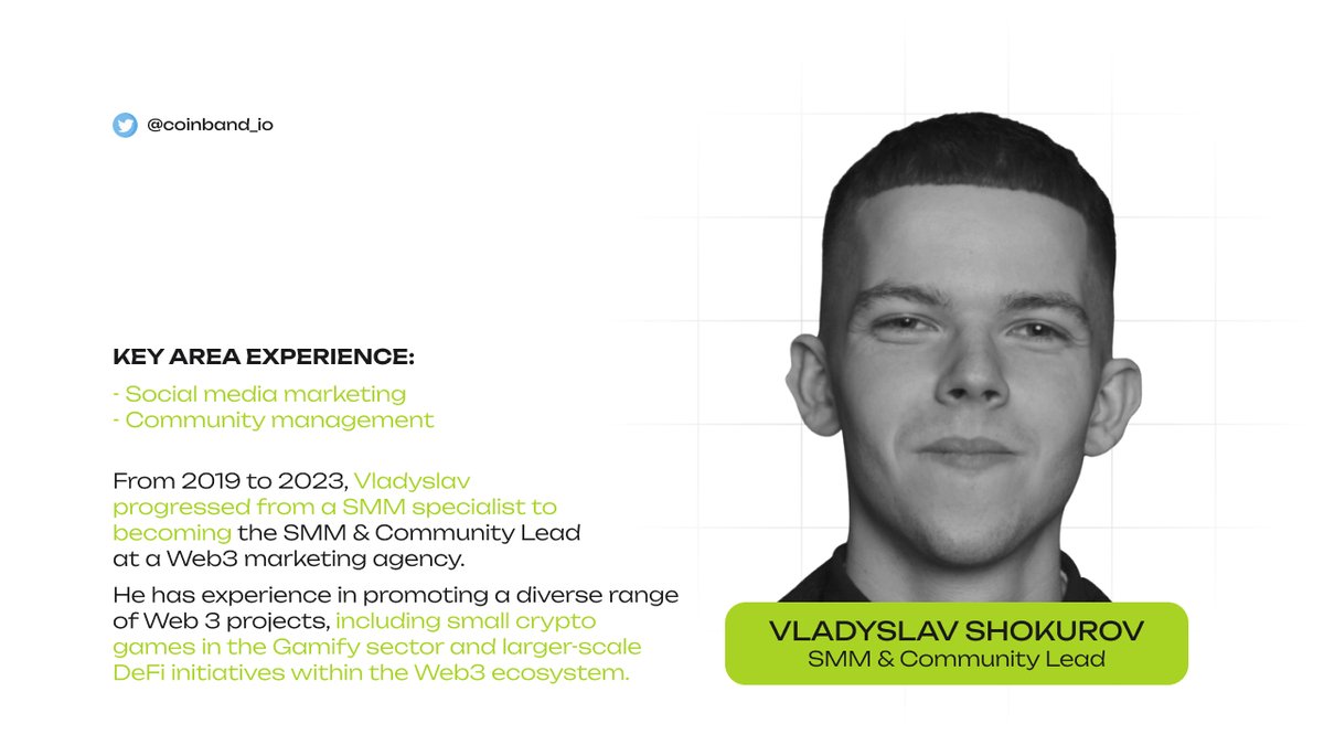 🌟 Meet our amazing team member, Vladyslav Shokurov! 👥
As our SMM &amp; Community Lead, Vlad makes magic!  💫
His expertise:
📱 Social Media Marketing
🤝 Community Management
⠀
He's promoting everything from small #crypto games to large-scale #DeFi projects in the #Web3 space! 🌐💪