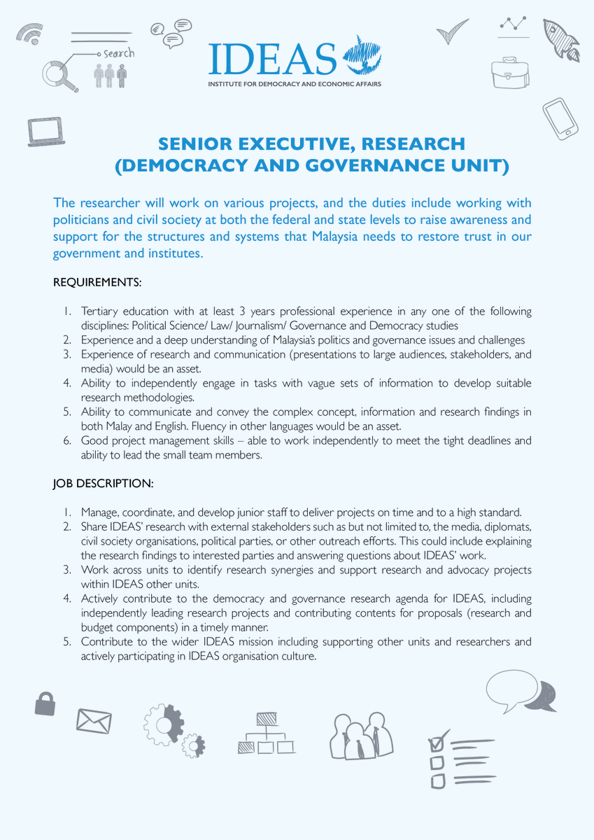 IDEASMalaysia's tweet photo. We are hiring! Join us to promote solutions to public policy challenges to build a better #Malaysia for all.

1. Assistant Manager, Social Policy Unit 
2. Senior Executive, Democracy &amp; Governance Unit

Closing date: 30 April 2023
Full information, visit https://t.co/My5NV5WnlK https://t.co/Uwr7InoNEa