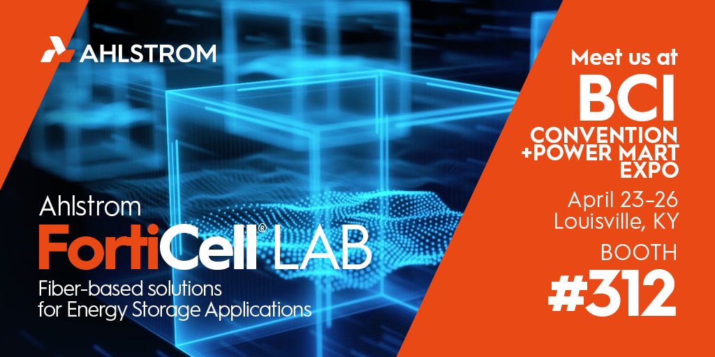 Join Ahlstrom team at BCI Convention + Power Mart Expo in Louisville, KY.  Learn more about Ahlstrom FortiCell® LAB - a fiber based solution specifically designed for Lead Acid Batteries.  

ahlstrom.com/products/elect…