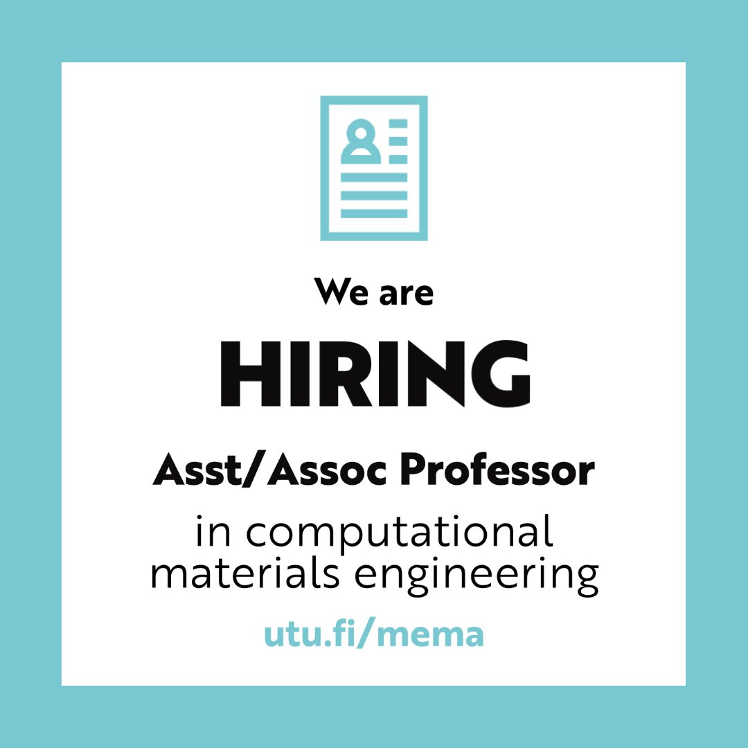 We are hiring
📣Asst/Assoc Professor in computational materials engineering
📣University teachers in materials engineering (Finnish required)
📣Post-docs for sustainable materials in energy, health and manufacturing
#AcademicTwitter #AcademicChatter #AcademicJobs #FacultyJobs 🧵