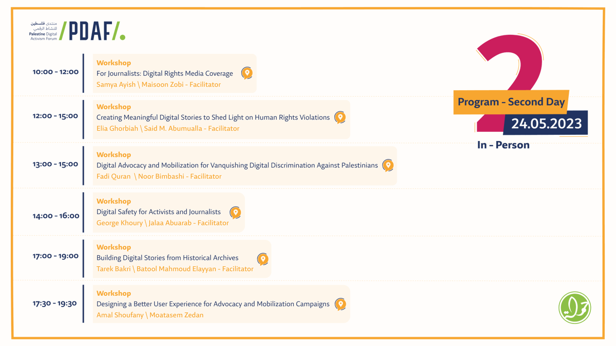 WavoOrg's tweet image. We are excited to share with you the Palestine Digital Activism Forum 2023 program!

More than 50 digital and face-to-face events await you. Check out the program and register now: pdaf.net

Do not forget to share the program with your friends :)
