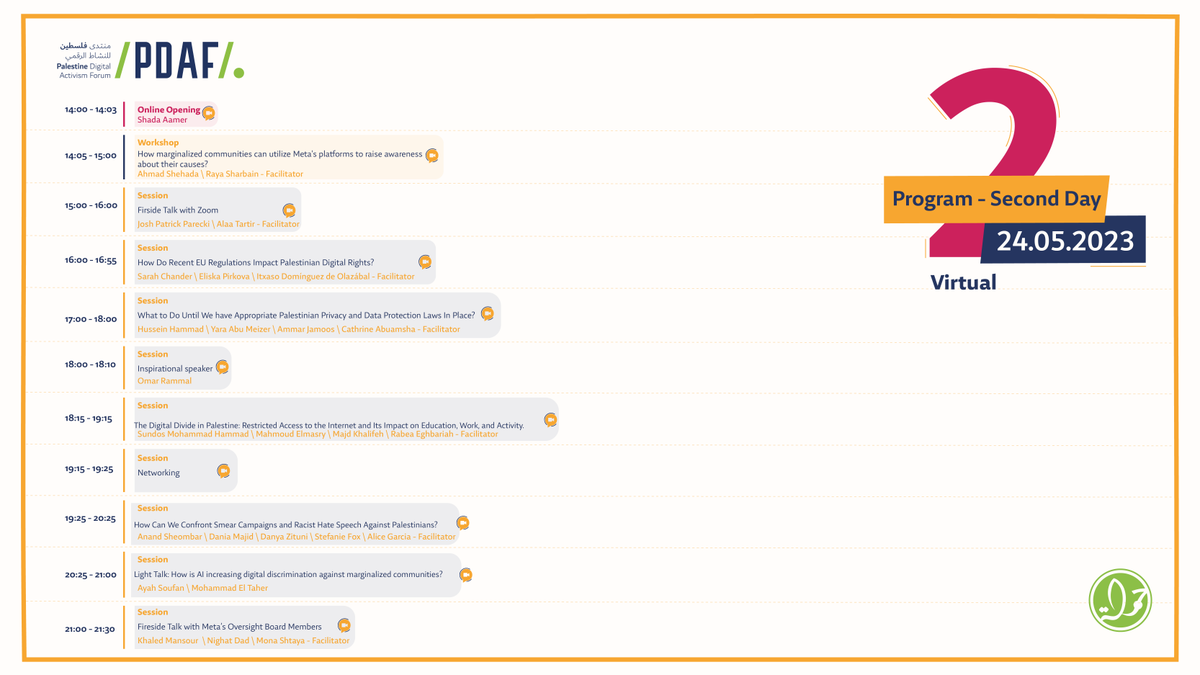 WavoOrg's tweet image. We are excited to share with you the Palestine Digital Activism Forum 2023 program!

More than 50 digital and face-to-face events await you. Check out the program and register now: pdaf.net

Do not forget to share the program with your friends :)