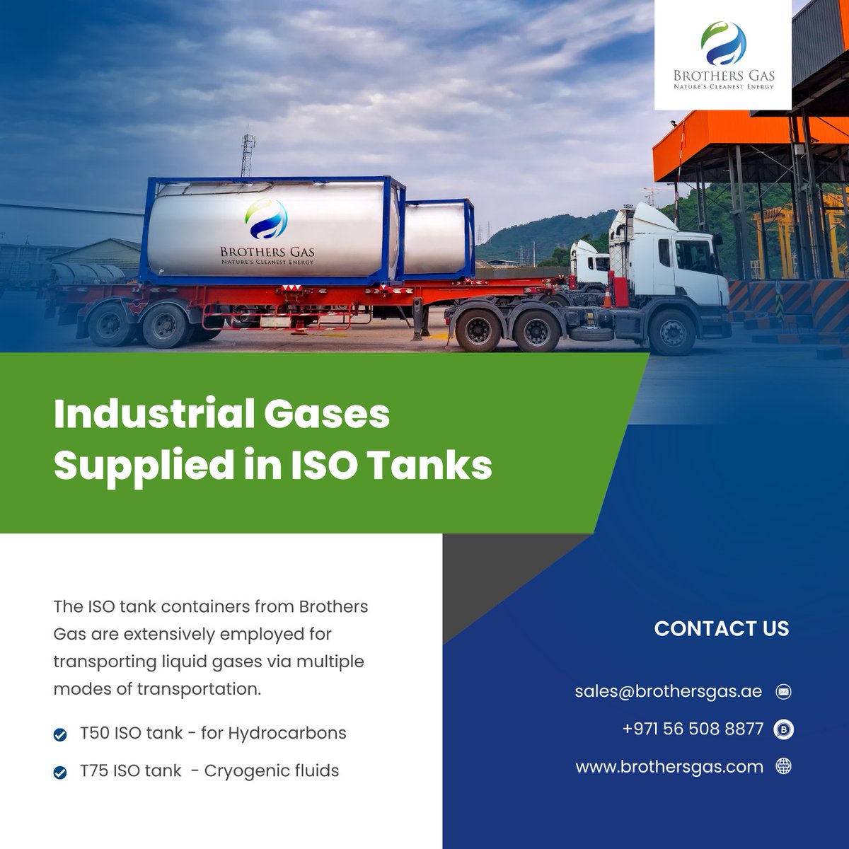 BrothersGas's tweet photo. The ISO tank containers from Brothers Gas are extensively employed for transporting liquid gases via multiple modes of transportation.
💬 WhatsApp: +971 56 508 8877
📧 sales@brothersgas.ae
🌍 https://t.co/YskPxr0fLv
#brothersgas #industrialgases #isotanks #isocontainers #gcc https://t.co/WjwnXTWsD0