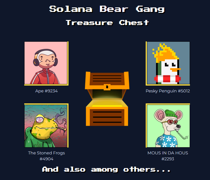 solanabeargang's tweet photo. We added a @TheStonedFrogs and a @MousInDaHous to the Treasure Chest! 

Alongside with @justape_, @peskypenguins, @mmccsolana_, @MakeSolanaGreat, @KikiVerseNFTm @GMersNFT to be found in SBG Treasure Missions! 

Check it out!

#SolanaNFTs #NFTCommunity #NFT https://t.co/SqJgn3m00h
