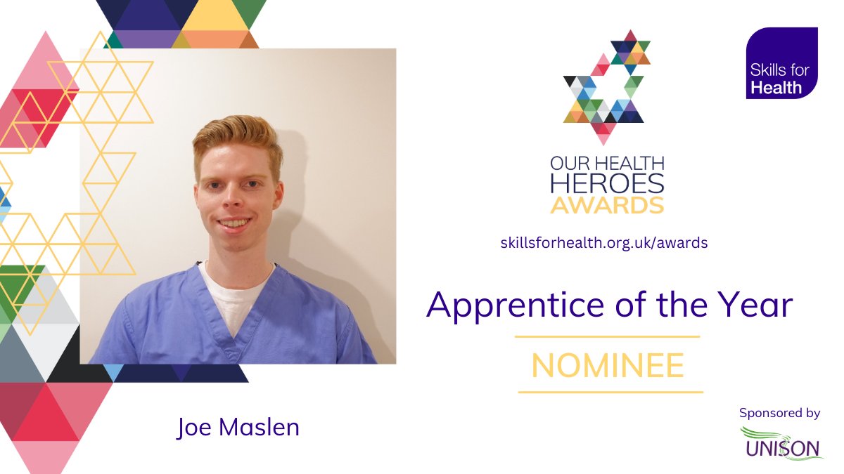 Apprentice of the Year nominee: Joe Maslen <a href="/Joe_M_Maslen/">Joe Michael Maslen</a> 🎉 Read the nominee stories and cast your vote today 👉  ow.ly/XEgp50NwZwE 

This category proudly sponsored by <a href="/unisontheunion/">UNISON - UK's largest union</a> 

#OurHealthHeroes #SkillsforHealth #healthcare