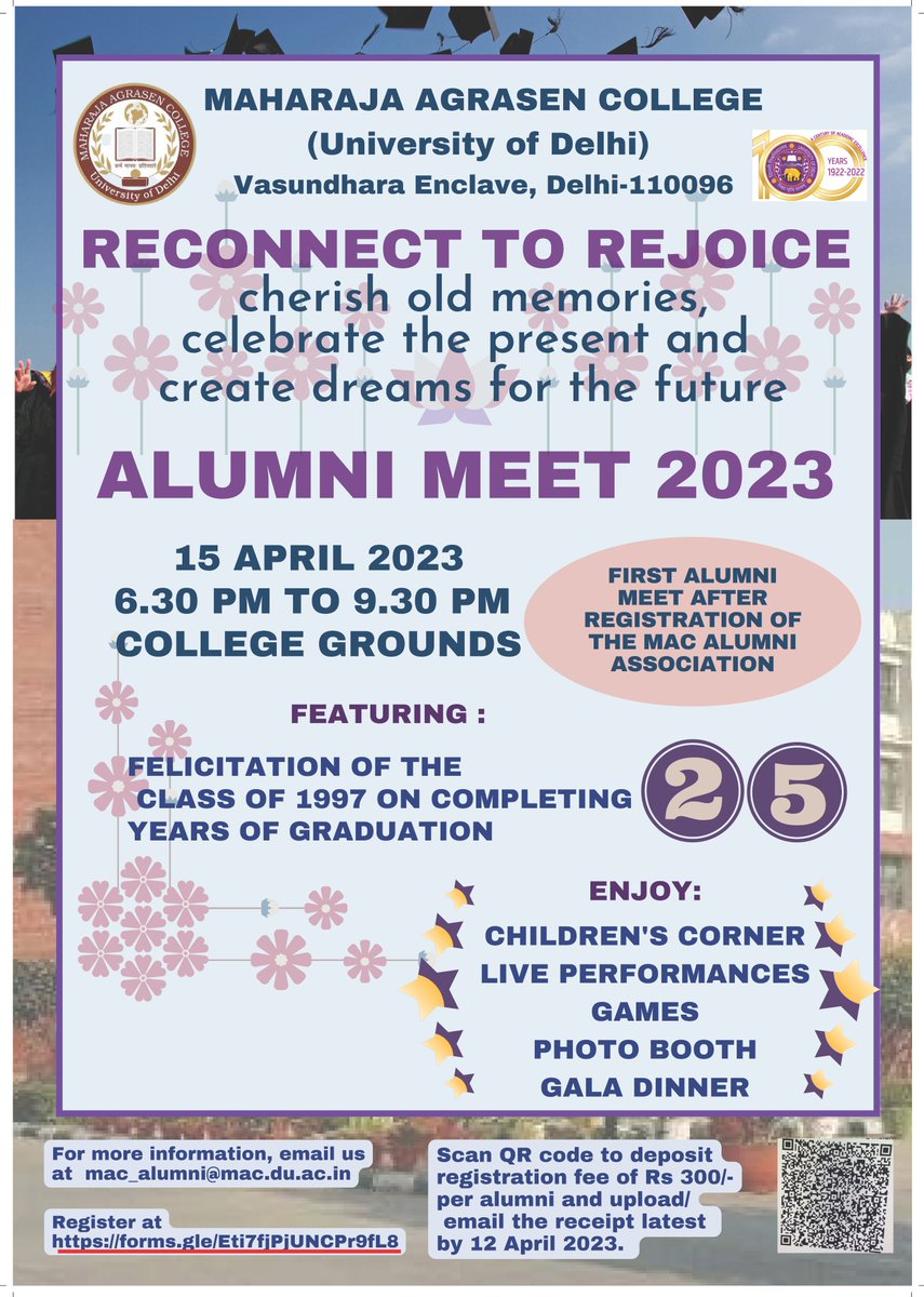 MACollege_DU's tweet photo. Dear MAC Alumnus 
Maharaja Agrasen College, University of Delhi cordially invites you and your spouses to the Annual Alumni Meet-2023 on Saturday, 15 April 2023, 6:30pm onwards at Maharaja Agrasen College, Vasundhara Enclave, Delhi. 
Registration Link:  https://t.co/cNYUnyb3so. https://t.co/0YxevYoYb6