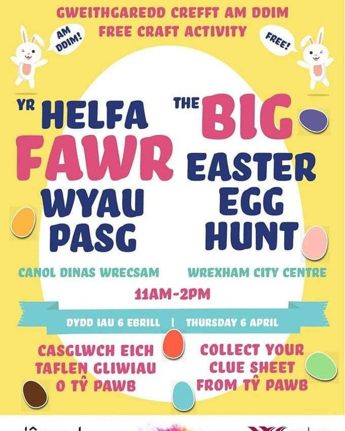 TuckSnip's tweet photo. Today is the Free Big Easter Egg Hunt 
It starts at Ty Pawb 11am - 2pm.
Easter Dino will be helping out on the hunt on Bank Street.
Happy Hunting everyone
@wrexham #wrexham https://t.co/oujZatmfZw