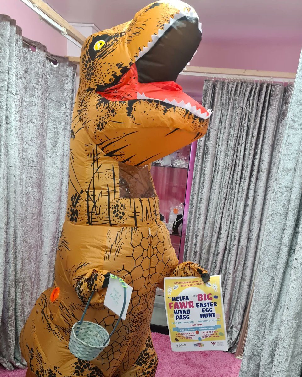 TuckSnip's tweet photo. Today is the Free Big Easter Egg Hunt 
It starts at Ty Pawb 11am - 2pm.
Easter Dino will be helping out on the hunt on Bank Street.
Happy Hunting everyone
@wrexham #wrexham https://t.co/oujZatmfZw