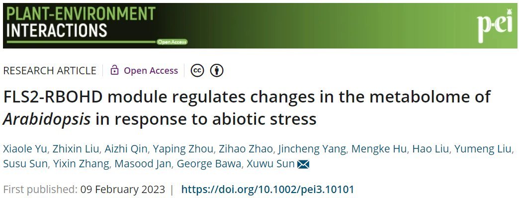 Yu et al., 'FLS2-RBOHD module regulates changes in the metabolome of Arabidopsis in response to abiotic stress' Plant-Environment Interactions (2023). doi.org/10.1002/pei3.1…
@wileyplantsci
@wileyinresearch
@WileyEcolEvol

#Plantstress #Genetics #Scopus