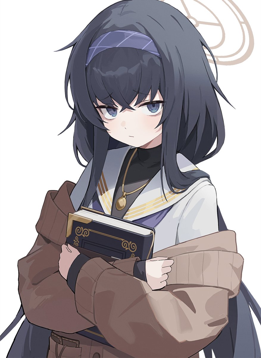 ui (blue archive) 1girl solo bags under eyes long hair black hair book hairband  illustration images