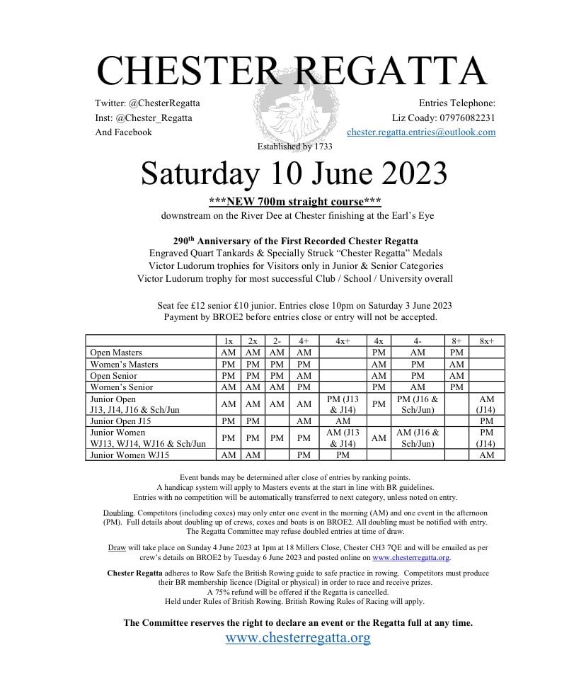 ChesterRegatta's tweet photo. ***Saturday 10th June 2023***
Join us for 290th anniversary of @ChesterRegatta (opens for entry soon…)

@NorthWestRowing @BritishRowing
#Chester #rowing #regatta 
#OldestRegattaInTheWorld https://t.co/oKYwvBHA4F