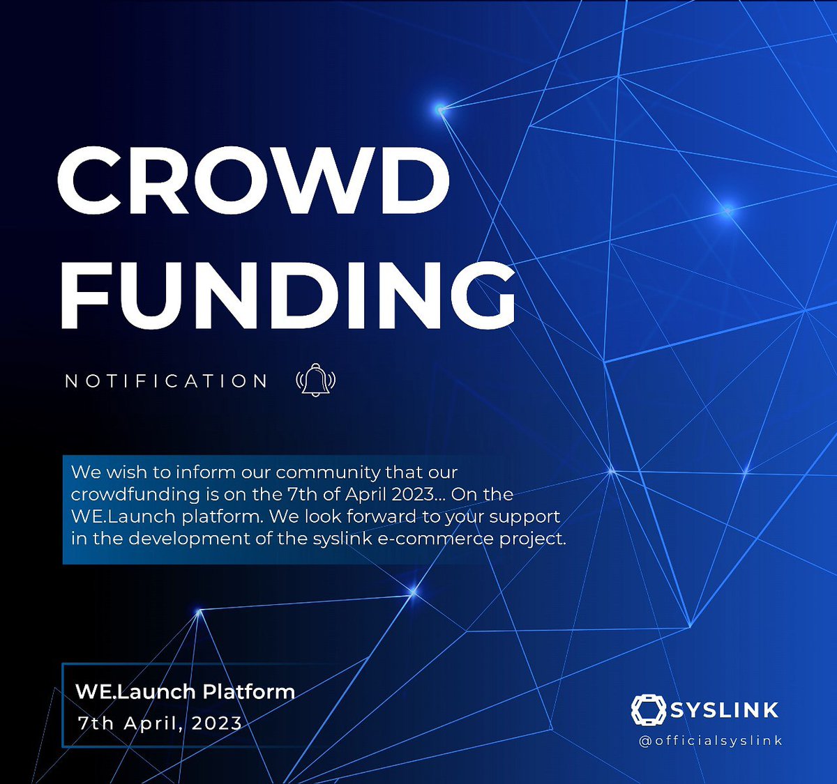 Dear valued members of our community,

We are excited to announce that the crowdfunding for the development of the SysLink E-commerce platform will be held on the Welaunch platform on the 7th of April 2023. #Weconomy #Syscoin #ecommerce