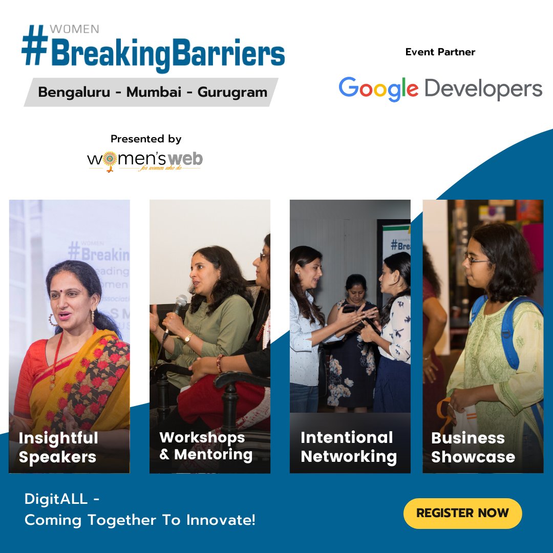 Join us for 'Women #BreakingBarriers' - an exciting space for women created by @womensweb to connect, learn & innovate. This year's theme is DigitALL, with workshops, talks, & networking opportunities.   

Register now: bit.ly/BBPartnerGoogle 
Bangalore -> April 22  #WomenInTech
