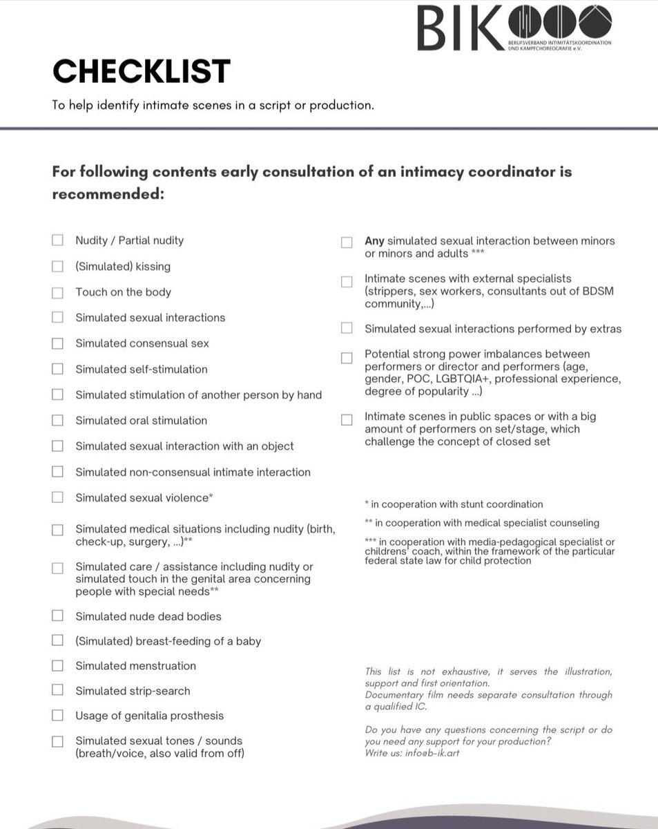 For which scenes should I consult with an #intimacycoordinator? A #checklist for #producers, (c) German Association for Intimacy Coordination and Fight Choreography / Für Produzent:innen: wann sollte ich eine:n Intimitätskoordinator:in beauftragen? #BIK #intimitätskoordination