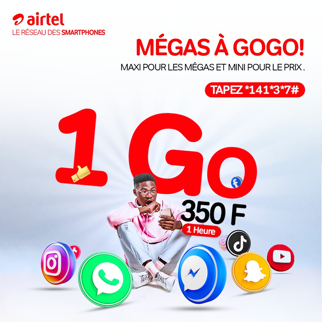 airtelniger's tweet photo. Besoin d'une connexion Internet rapide et pas chère ?
Airtel Niger a ce qu'il vous faut avec ses 2 nouveaux forfaits :
💥1 Go à 350 Fcfa
💥500 Mo à 200 Fcfa, valables 1 heure.
✅Composez *141*3*7# pour profiter de nos offres 4G. #AirtelNiger #ForfaitsInternet https://t.co/lhEOLWlEk0