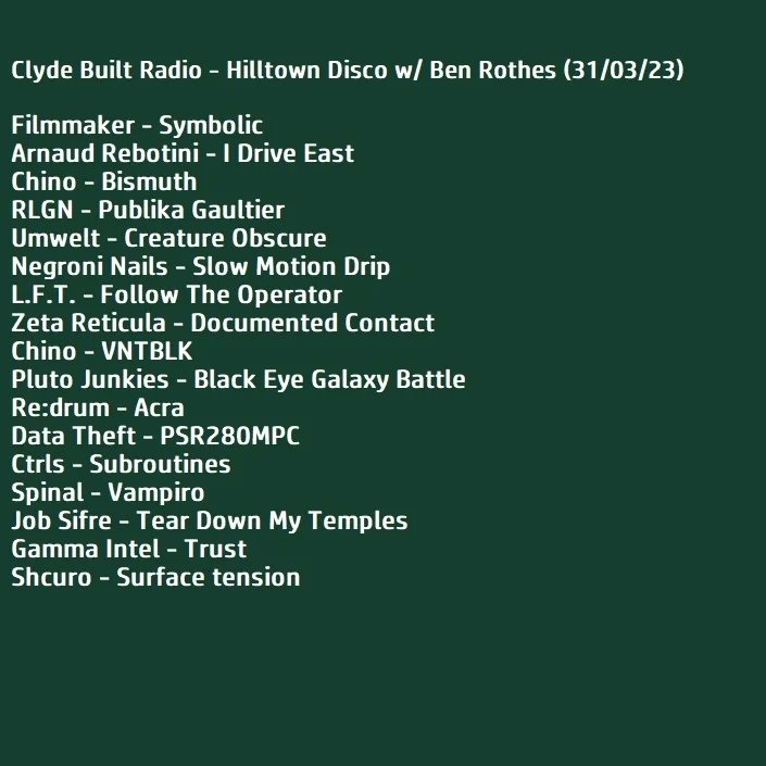 Clyde Built Radio - Hilltown Disco w/ Ben Rothes (31/3/23) 📡

on.soundcloud.com/MCfUS