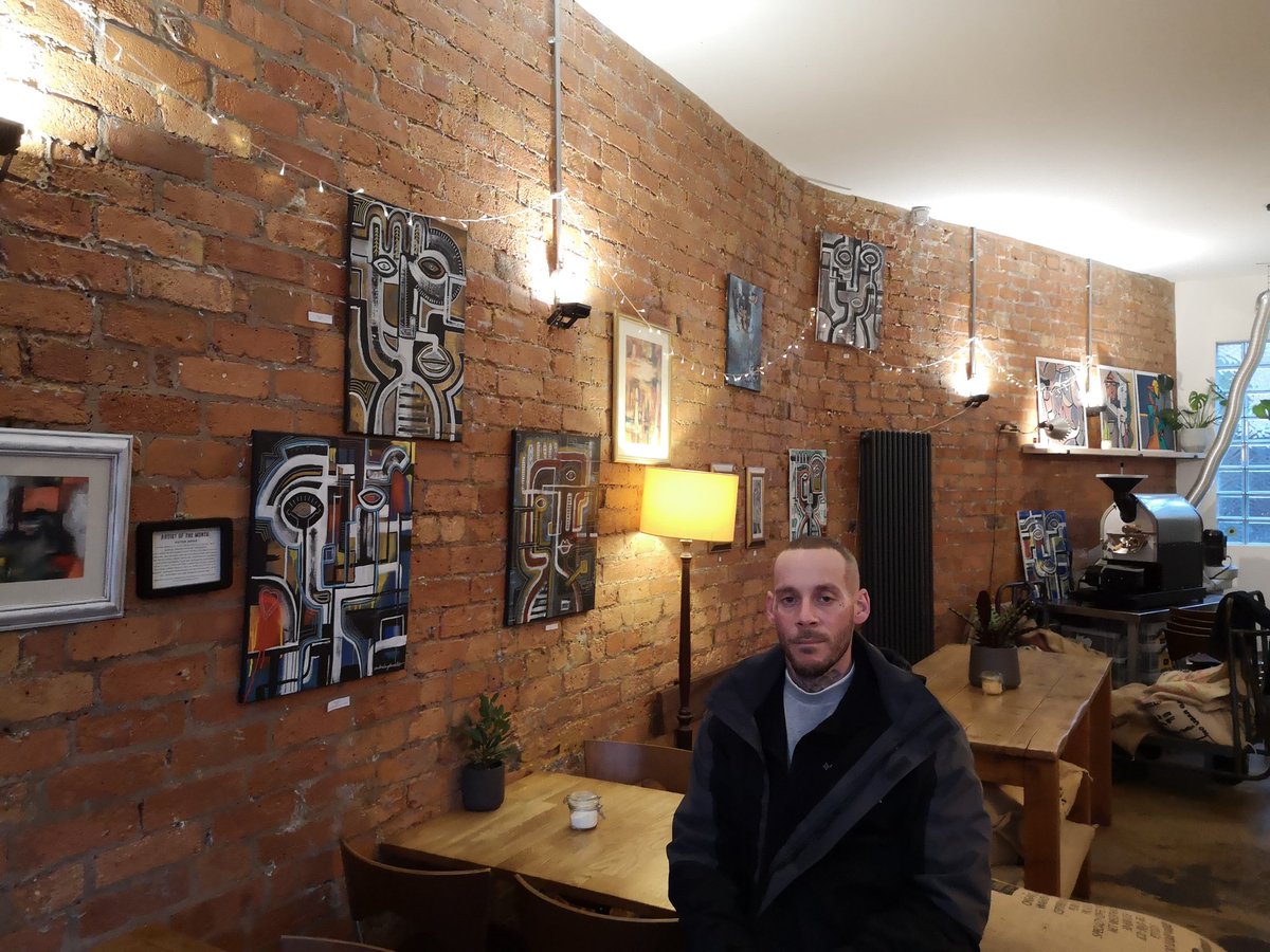 leicestercoffee's tweet photo. Introducing Anton Levy Amoo with his artwork displayed here for April. We totally love it! Come take a look. All pieces  for sale with full price going to the artist
#borrowourwalls
#localartist
#localbusiness
#supportleicesterlocal
#coffeecommunity
@BIDLeicester
@visit_leicester https://t.co/jxyx14qTrd
