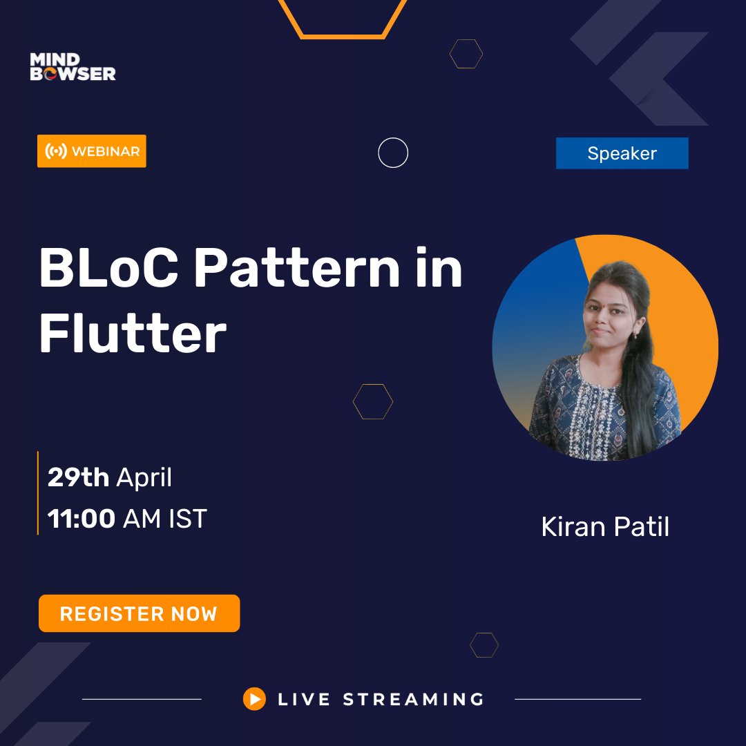 Mindbowser's tweet image. Join us for another exciting Saturday learning session on April 29th at 11 AM IST. Our speaker Kiran Patil will be discussing the ‘BLoC Pattern in Flutter.’

Register now and secure your spot!
success.mindbowser.com/D569

#BLoCPattern #SaturdayLearningSession #webinar