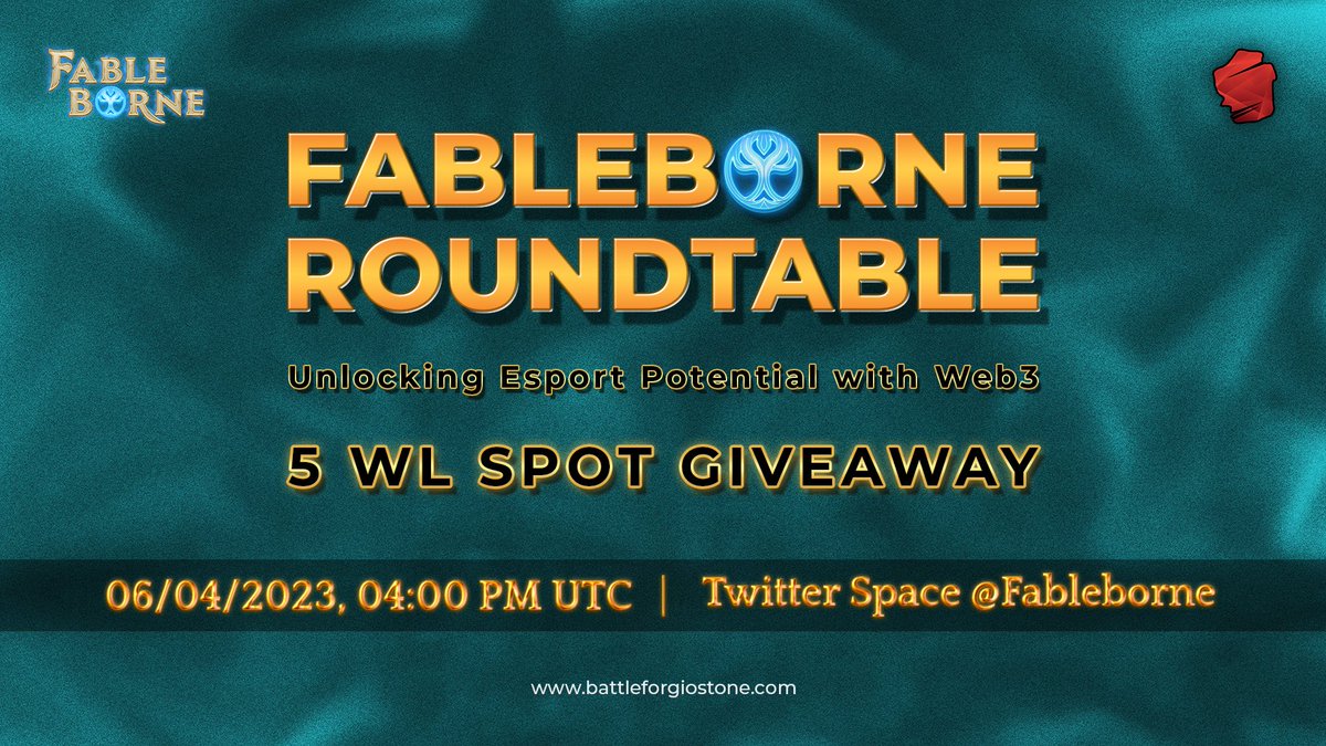 Today, @MileGramatikovv will join <a href="/fableborne/">Fableborne</a> and other founders to talk about how to unlock Esports potential with Web3! 🎙

We're giving away 5 WL spots for the upcoming Fableborne mint! ✅

- Follow <a href="/BFGiostone/">Battle For Giostone</a> &amp; <a href="/Fableborne/">Fableborne</a>
- RT and like this tweet
- Join the Roundtable at