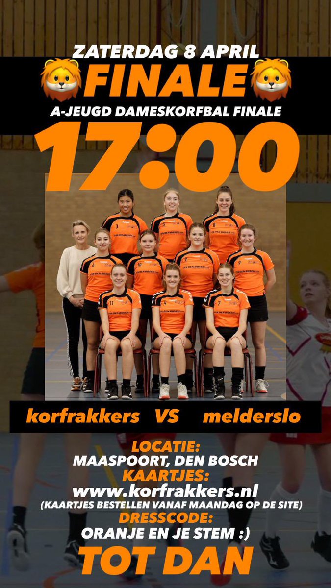 Korfrakkers_Erp's tweet photo. Zaterdag 8 April NK Korfbal !
Nieuw historisch moment voor onze vereniging. De A1 van Korfrakkers gaat proberen de titel te prolongeren. 
Ben erbij zaterdag in de Maaspoort te Den Bosch. #dameskorfbalfinale #samenzijnwijdekorfrakkers https://t.co/rmcf3WoeYM