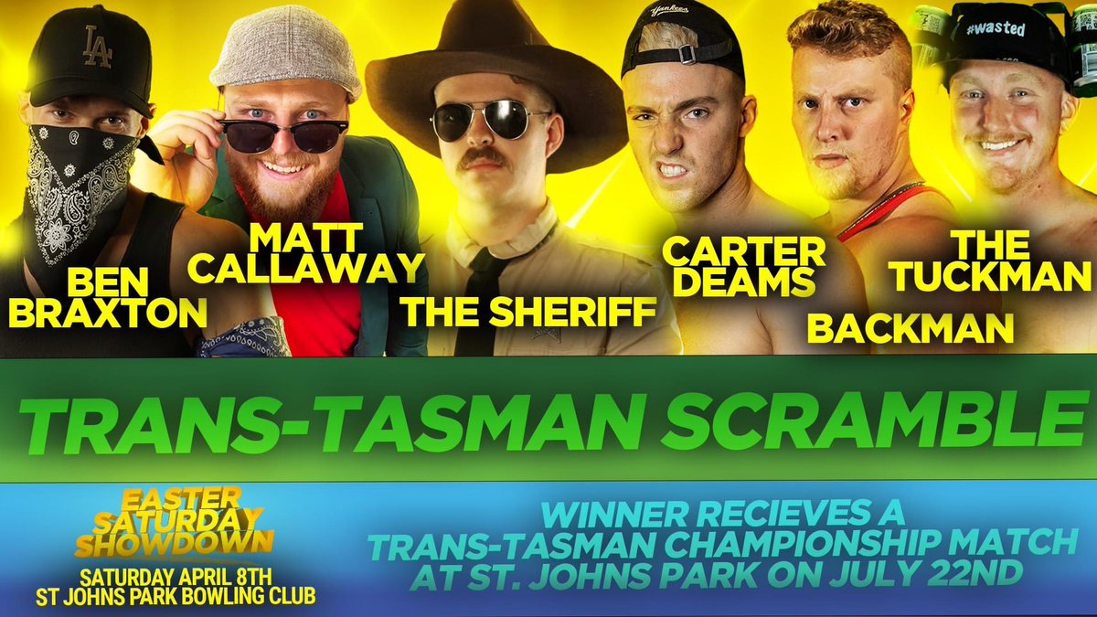 IWAaustralia's tweet photo. THIS SATURDAY at St. John’s Park🔥

🧢 Braxton
⛳️ Callaway
🚔 Sheriff
💭 Carter
💪 Backman
🍺 Tuckman

First ever Trans-Tasman Eliminator Scramble match. Winner becomes the #1 contender!

Tickets start at only $5. Grab them today and don’t miss out!
Tix —> https://t.co/PiYt6opunI https://t.co/ku8A86yzrX
