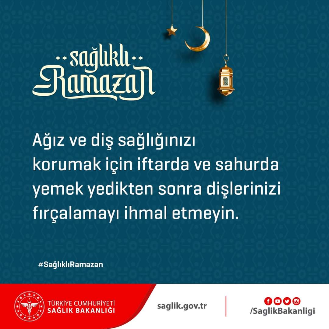 Ağız ve diş sağlığınızı korumak için iftarda ve sahurda yemek yedikten sonra dişlerinizi fırçalamayı ihmal etmeyin.
#SağlıklıRamazan