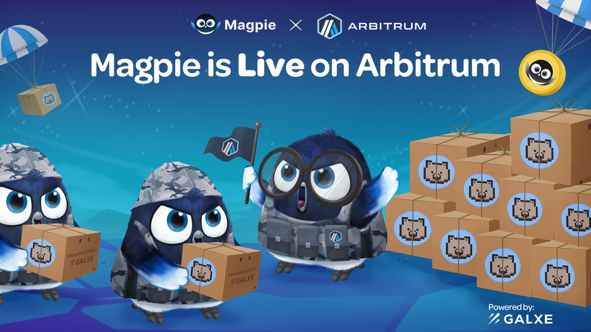 We are excited to announce that Magpie is officially live on <a href="/arbitrum/">Arbitrum</a>.(🧡,💙)

Now you can connect to magpiexyz.io using the #Arbitrum network.🔌

To #celebrate we are running a 5,000 $USD  giveaway.🤑

#Mint to win:⬇️
galxe.com/magpiexyz/camp…
Powered by <a href="/Galxe/">Galxe</a>
🧵