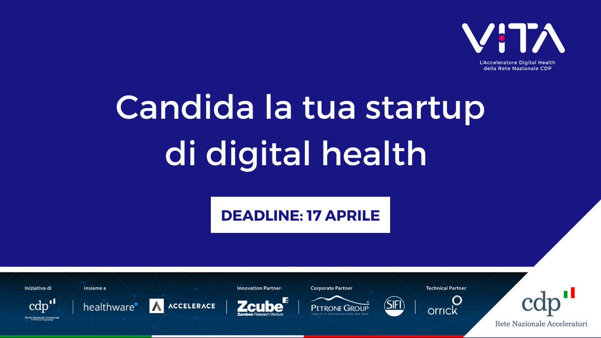 OpenZone (@openzonecampus) on Twitter photo C'è tempo fino al 17 aprile per entrare a far parte del secondo batch di <a href="/VitaAccelerator/">VITA Accelerator</a>. Sei una startup di digital health alla ricerca di un primo finanziamento e di un percorso di mentoring con esperti del settore? Candidati qui: vitaaccelerator.it/apply C'è tempo fino al 17 aprile per entrare a far parte del secondo batch di <a href="/VitaAccelerator/">VITA Accelerator</a>. Sei una startup di digital health alla ricerca di un primo finanziamento e di un percorso di mentoring con esperti del settore? Candidati qui: vitaaccelerator.it/apply