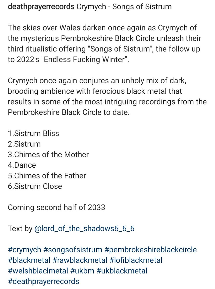 LordOfTheShado8's tweet photo. Crymych Songs of Sistrum. Coming soon to #deathprayerrecords. Words by myself. Darkest Hails to the #PembrokeshireBlackCircle hails #foras #LordOfTheShadows π―βοΈβοΈππ₯ https://t.co/D5LIInp2sf