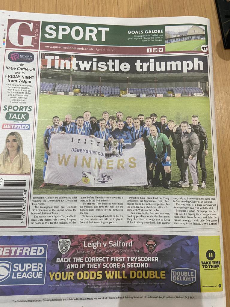 Great write up in this weeks @newsinglossop celebrating our 1st team @DerbyshireFA win on Tues night. 

Let’s hope it can be a cup double as our Res team take on Shirebrook Soldiers FC on Tues 25th April, 7:30pm ko at Staveley Miners FC in the @DerbyshireFA Junior Cup North Final